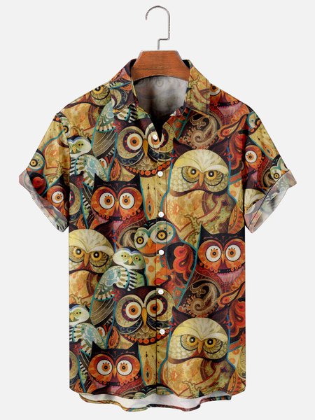 

Mens Owl Print Casual Breathable Short Sleeve Hawaiian Shirts, Brown, Men's Floral shirt