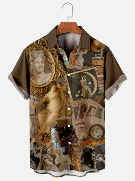 

Mens Vintage Renaissance Print Casual Breathable Short Sleeve Hawaiian Shirts, Brown, Men's Floral shirt
