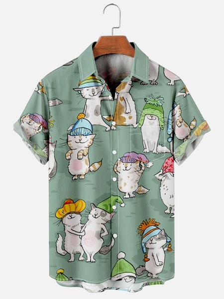 

Mens Cats Print Casual Breathable Chest Pockets Short Sleeve Hawaiian Shirts, Green, Men's Floral shirt