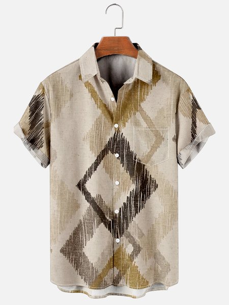 

Mens Geo Print Casual Breathable Chest Pockets Short Sleeve Hawaiian Shirts, Khaki, Men's Floral shirt