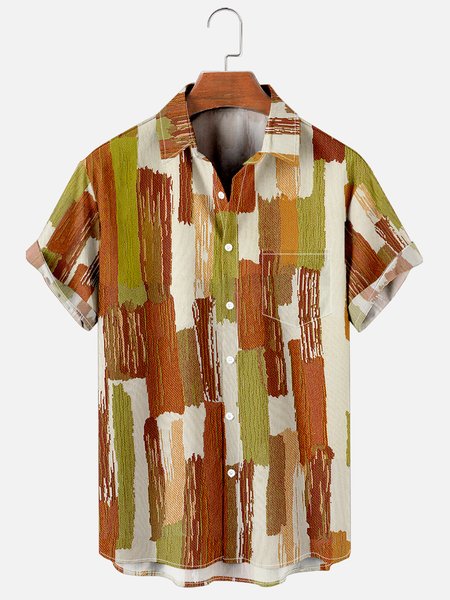 

Mens Geo & Striped Print Casual Breathable Chest Pockets Short Sleeve Hawaiian Shirts, Brown, Men's Floral shirt