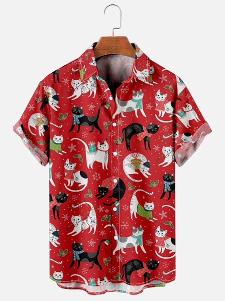 

Mens Cats Print Casual Breathable Short Sleeve Hawaiian Shirts, Red, Men's Floral shirt