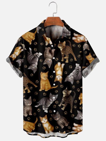 

Mens Cats Print Casual Breathable Chest Pockets Short Sleeve Hawaiian Shirts, Black, Men's Floral shirt