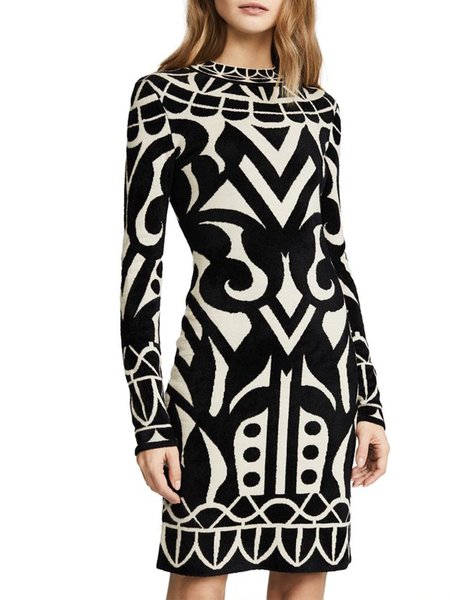 

Date Daily Abstract Slim Fit Crew Neck Dress, As picture, Midi Skirts
