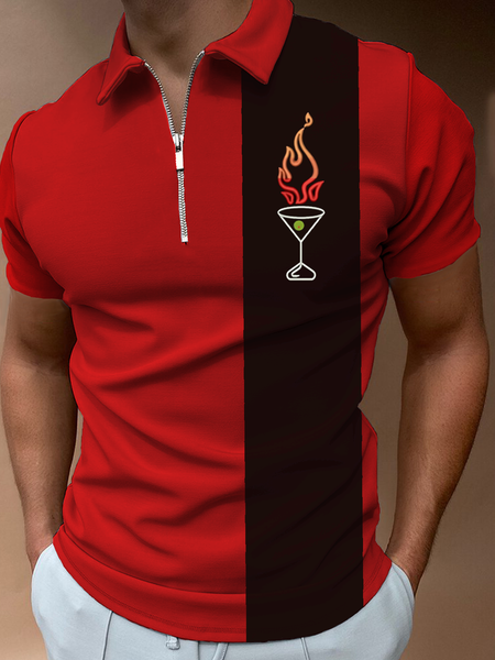 

Casual Retro Flame Wine Glass Hawaii Lapel POLO Print Top, Red, Men's t-shirts