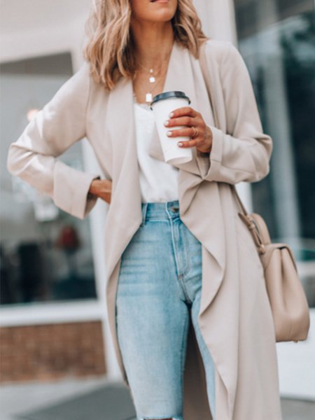 

Lapel Simple Regular Fit Outerwear, Khaki, Kimonos