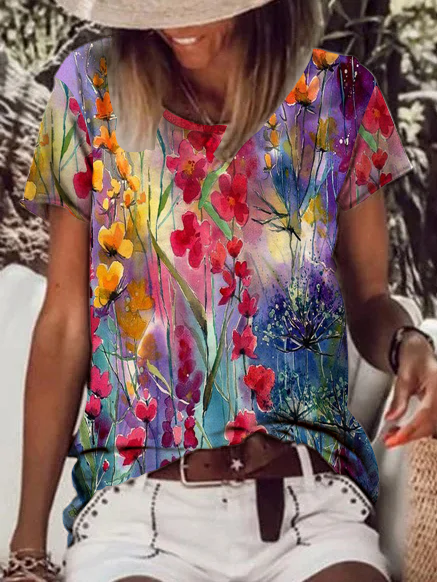 

JFN Round Neck Floral Vacation T-Blouse/Tee, Purple, T-Shirts