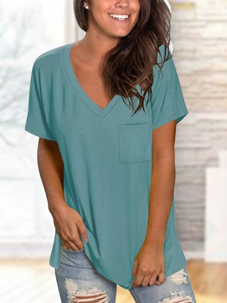 

Soft casual Spring and summer new product solid color pocket split v-neck short-sleeved T-shirt blouse, Deep blue, T-Shirts