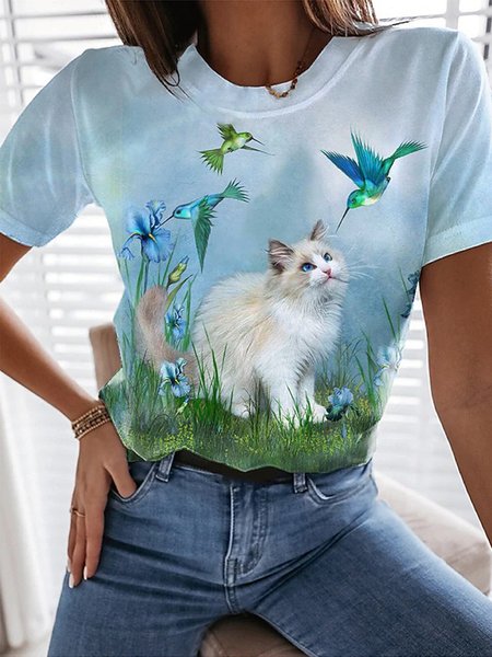 

Cat Short Sleeve Casual Crew Neck Shirts & Tops, Blue, T-Shirts