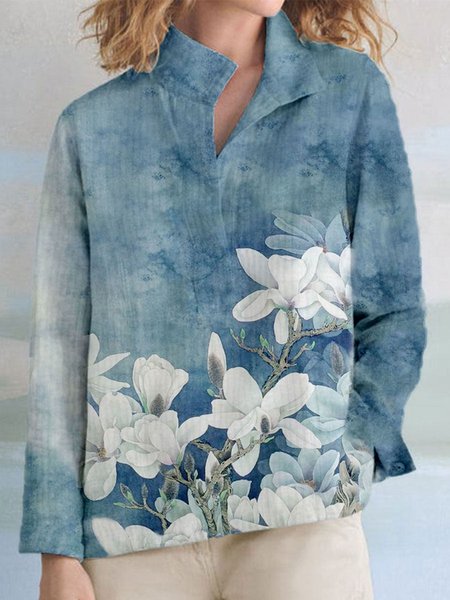 

Cotton Blends Floral Loosen Shirts & Tops, Blue, Blouses & Shirts