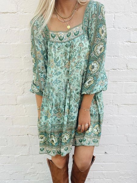 

Round Neck Floral Boho Dresses, Green, Mini Dresses