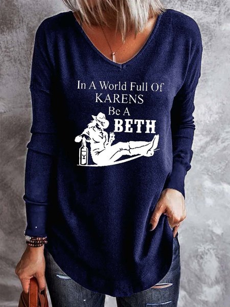 

In A World Full Of Karens Beth V-neck Long Sleeves Casual T-shirt, Purplish blue, T-shirts