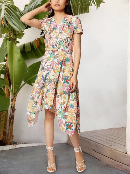 

Vibrant V-neck botanical flower holiday dress, White-yellow, Floral Dresses