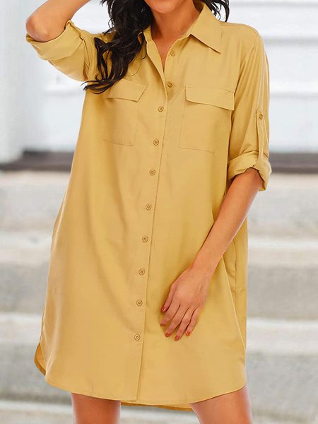 

Solid With Pockets Shirt Collar Simple Mini Dresses, Yellow, Mini Dresses