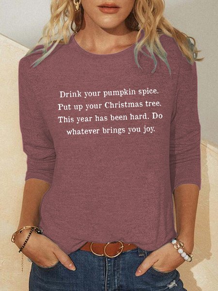 

Funny text print round neck long sleeve shirt, Red, T-shirts