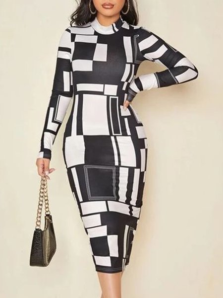 

Long sleeve Simple Elegant Slim Fit Printed Dress, Black, Midi Skirts