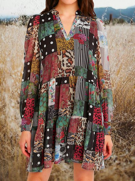 

Patterned Loosen Vacation V Neck Long Sleeve Mini Dresses, As picture, Mini Dresses