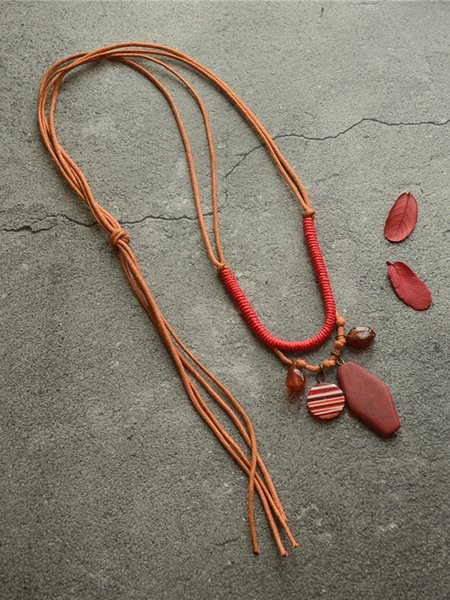 

Vintage Wood Resin Pendant Wax Rope Sweater Necklace, As picture, Necklaces
