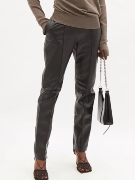 

Pu Leather Solid Daily Pants, Black, Straight Leg Pants