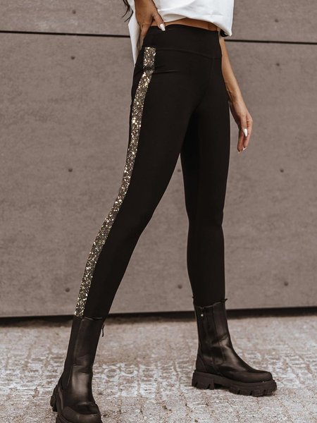 

Skinny Cotton Blends Elastic waist Pants, Black, Leggings