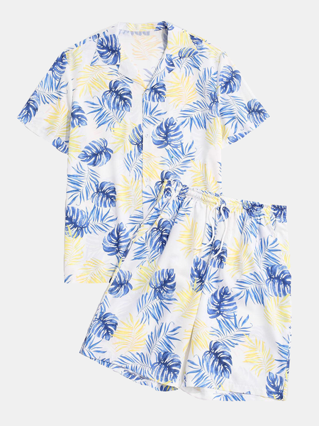 

Leisure Vacation Palm Leaf Plant Hawaii Lapel Print Top, Multicolor, Men's sets