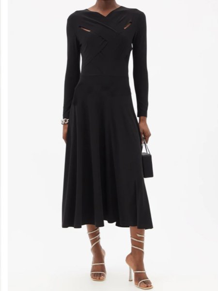 

Elegant Solid Eyelet A-line Dress, Black, Midi Dresses