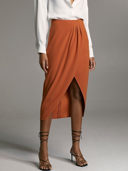 

Elegant Solid Regular fit Skirt, Brown, Midi Skirts