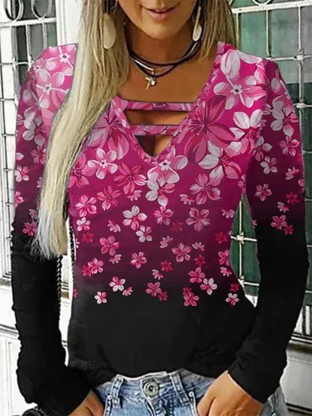 

Floral V Neck Long Sleeve Sexy T-shirt, Black, T-Shirts