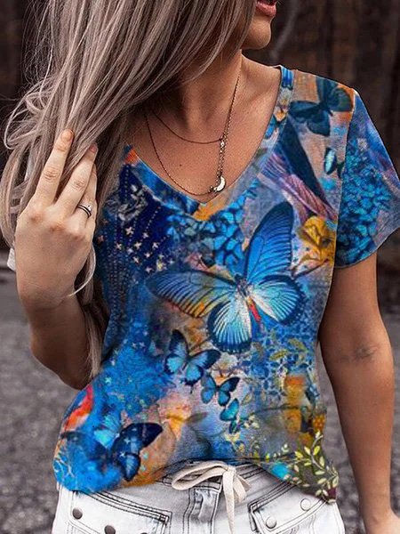 

The Butterfly Cotton Blends Casual V Neck Sweatshirt, Blue, Sweatshirts & Hoodies