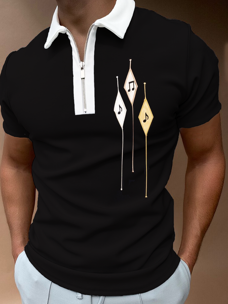 

Casual Retro Music Symbol Hawaii Lapel POLO Print Top, Black, Men's t-shirts