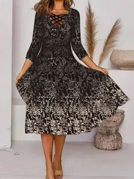 

V Neck Vintage Ombre Tie Dye Dress, Black, Floral Dresses
