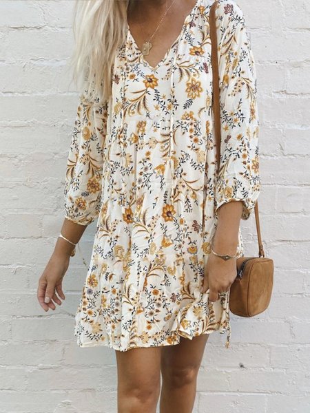 

Floral Loosen Boho Long sleeve Woven Dress, Light yellow, Mini Dresses