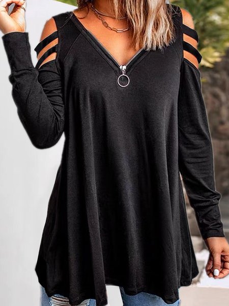 Zipper Hollow Out Solid V Neck Long Sleeve Blouses, Black, T-Shirts