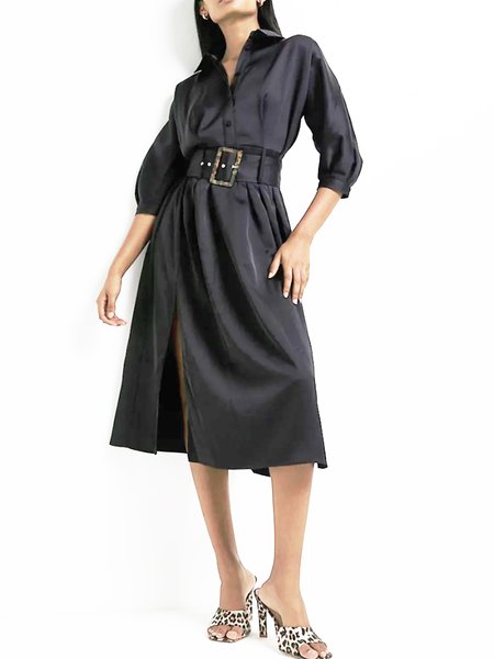 

Black Solid Date Shirt Collar Casual Dress, Midi Dresses