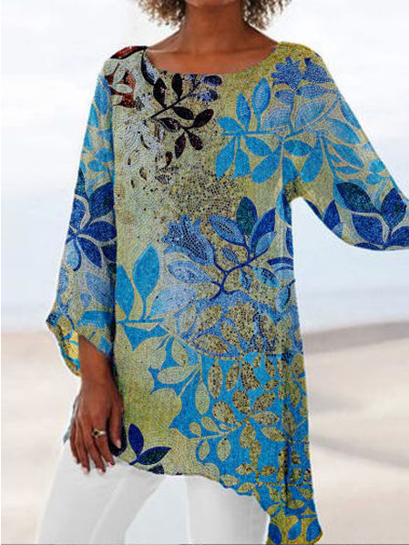 

Casual Floral Long Sleeve Shirts & Tops, Blue, Long sleeve tops
