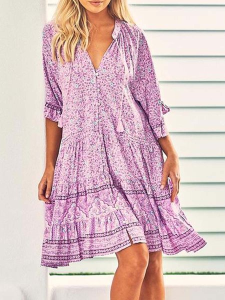 

Loosen Stand Collar Flounce Boho Dresses, Purple, Dresses