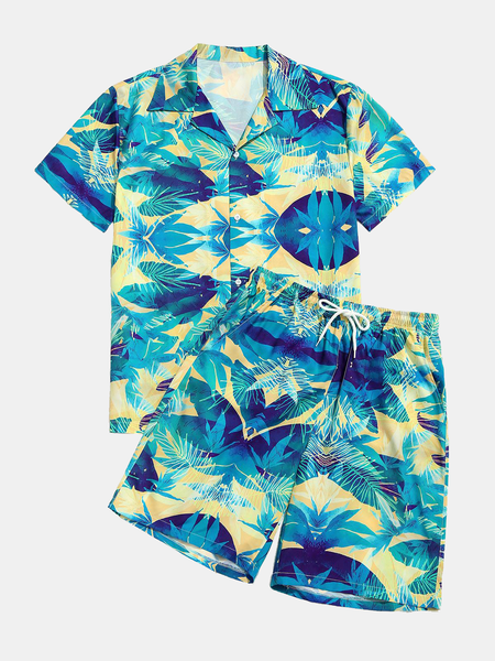 

Leisure Vacation Coconut Palm Hawaii Lapel POLO Print Top, Multicolor, Men's sets
