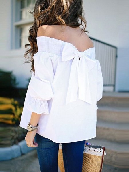 

Puff Sleeve Boat Neck Elegant Top, White, Tops