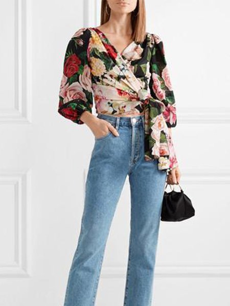 

V Neck Floral Regular Fit Top, As picture, Tops