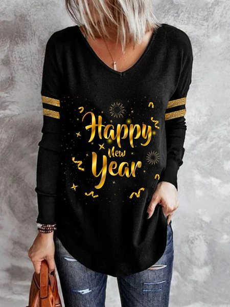 

Happy New Year Casual Sequins Shirts & Tops, Black, T-Shirts