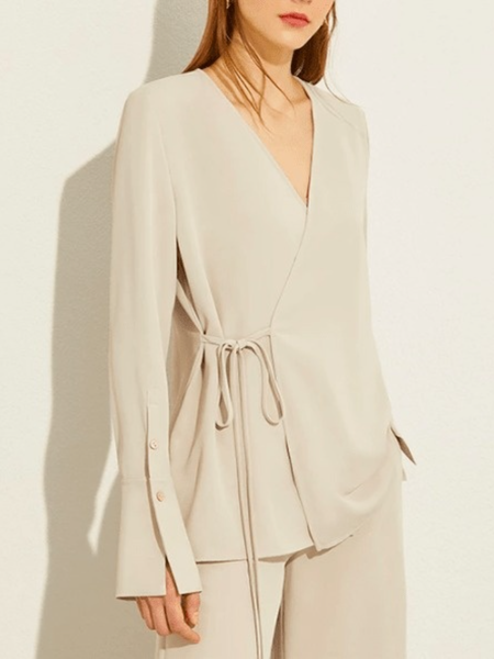 

Spring V Neck Simple Daily Household Lightweight Lace-up Tops, Apricot, Tops