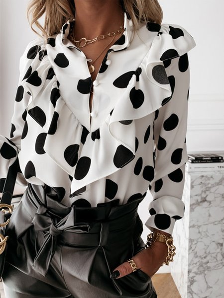 

Stand Collar Polka Dots Shirt, Black white, Blouses and Shirts