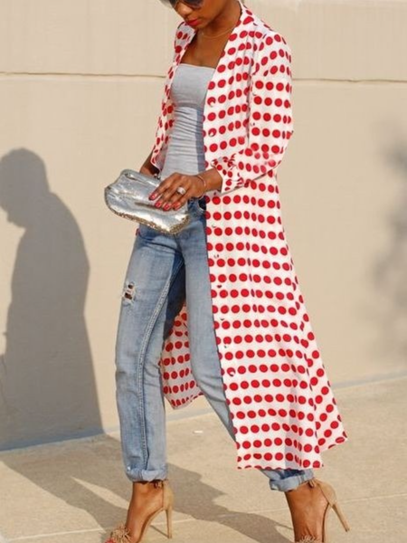 

Spring Square neck Polka Dots Daily Household Long sleeve Outerwear, Red, Cardigans