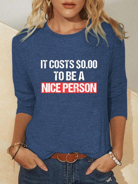 

Funny text print round neck long sleeve shirt, Blue, T-shirts
