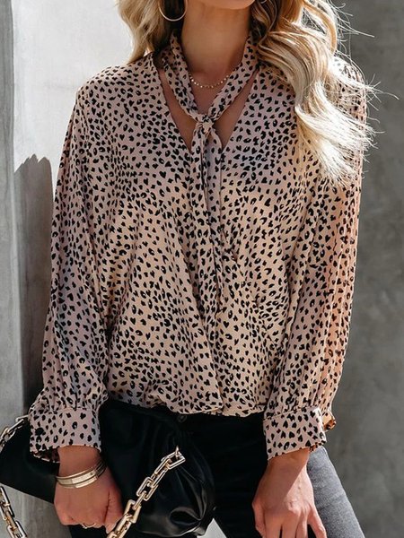 

Leopard Long Sleeve Lace-up V Neck Irregular Craftsmanship Plus Size Casual Women Tops, Khaki, Tops