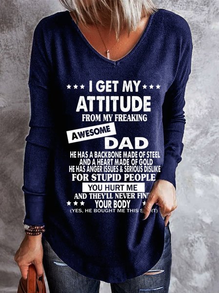 

I Get A Awesome Dad Print V Neck Tops, Purplish blue, Long sleeves