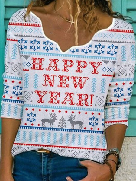 

Happy New Year Letter Print V Neck Long Sleeve Tops, Flower, T-Shirts