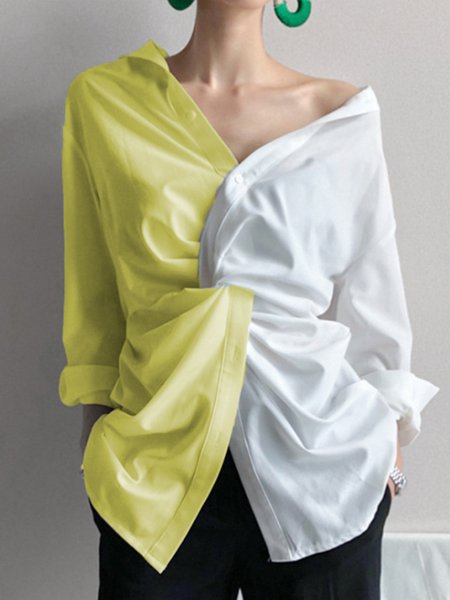 

Elegant Color Block Kink Shirt Collar Top, As picture, Blouses and Shirts