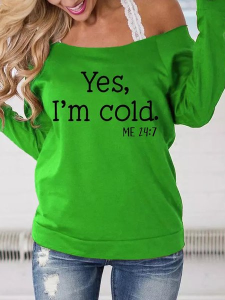

Letter Casual Asymmetrical Neck Shirts & Tops, Green, Long sleeve tops