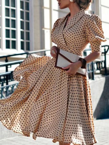 

Polka Dots Lapel Lady Midi Dress, As picture, Midi Dresses